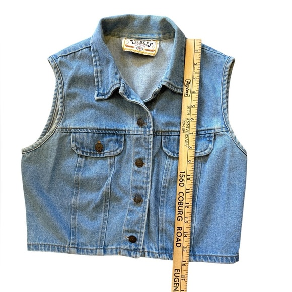 Vintage “Tickets” Blue Denim Crop Denim Vest Top - Picture 12 of 16